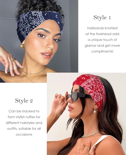 Artilady Wide Bandana Headbands for Women-Boho Bandeau Head Band Bohemian Paisley Red Headwrap Soft Athletic Elastic Sweat Non Slip Hair Bands for Curly Hair Accessories 6 PCS - color: Pattern