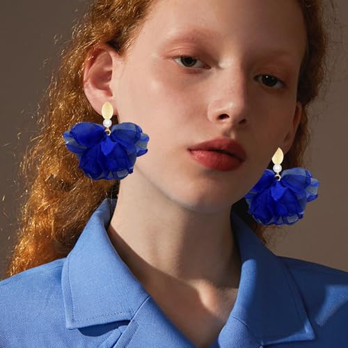 Handmade Fabric Flower Petal Fringe Dangle Drop Earrings Bohemian Floral Tassel Stud Earrings For Women - color: Royal Blue