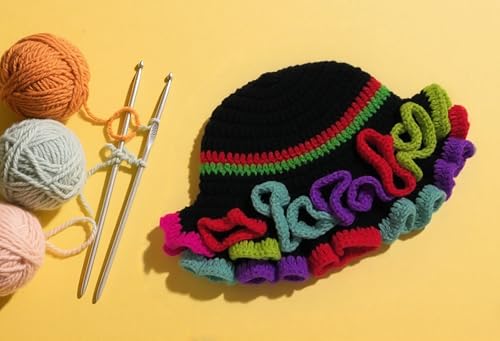 Handmade Crochet Bucket Hat for Women Boho Chic Slouchy Design Colorblock Ruffled Brim Festival&Daily Crochet Hat - color: Black Crown Contrasting