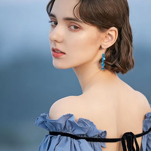 Handmade Bohemian Vintage Silver Nature Stone Beads Long Dangle Drop Earrings for Women - color: Blue