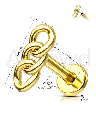 Metal Chain Cartilage Earring – Internally Threaded Flat Back Stud in Silver & Gold 16G 8mm Helix, Conch, Tragus Jewelry - color: WG-8MM