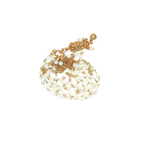 Gold Tone Indian Style Hair Pendant Circular Head Chain Headpiece. Crystal Water Drop. (Double Pearl Layer) 13.6" X 23.3 X 1.7.