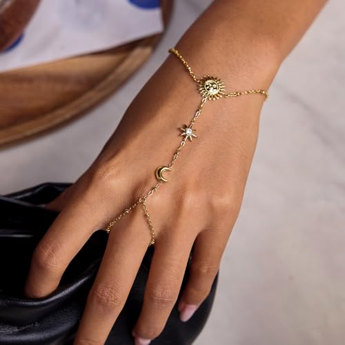 Dainty CZ Moon Sun Star Hand Chain Ring Bracelet for Women Stainless Steel 18k Gold Plated Trendy Adjustable Chain Linked Stackable Finger Ring Bracelet Fashion Jewelry