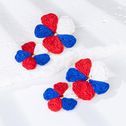 Boho Flower Earrings Statement Raffia Dangle Earrings Cute Floral Jewelry Trendy Summer Beach Vacation Outfits for Women - color: Red/White/Blue