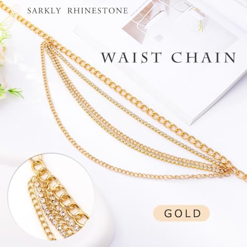 Rhinestone Waist Chain Body Chain Crystal Body Jewelry for Women Layered Rhinestones Belly Chain Summer Beach - color: Gold