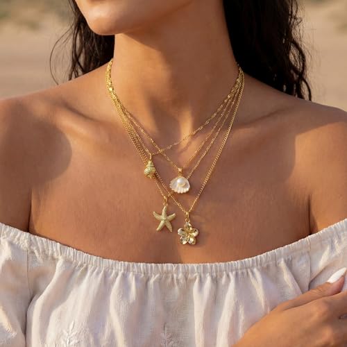 Shell Starfish Necklace for Women, Gold Plated Boho Layered Pendant Necklace with Pearl Conch Charm, Dainty Coastal Summer Beach Vacation Jewelry Gifts - style: Flower 4pcs