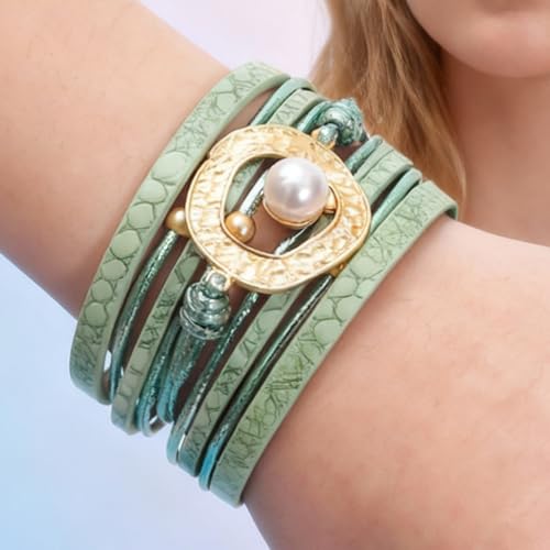 Long tiantian Boho Leather Wrap Bracelets Western Bracelets for Women Stackable Starfish Crystal Pearl Turquoise Leather Bracelet With Clasp Jewelry Gifts Boho Dresses - color: C4:green leather bracelet
