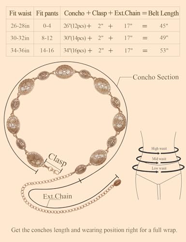 TOPACC Western Metal Concho Belt for Women Cowgirl Chain Belts for Dresses Jeans Country Concert Outfit - color: A Bright Gold, size: Fit Waist: 34-36 in