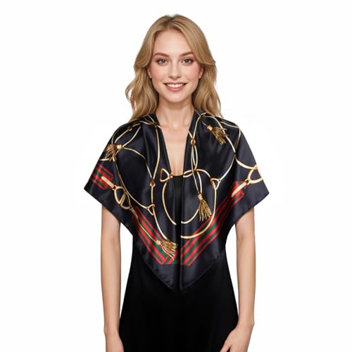 RIIQIICHY Head Scarf for Women Like Silk Scarf Hair Scarf Printed Square Scarf Bandanas for Women 35 Inches - color: Navy/Gold/Red/Green