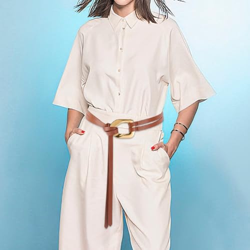 Genuine Leather Double Strap Tie Belt Adjustable Brown Cowhide Skinny Waistband - color: Brown