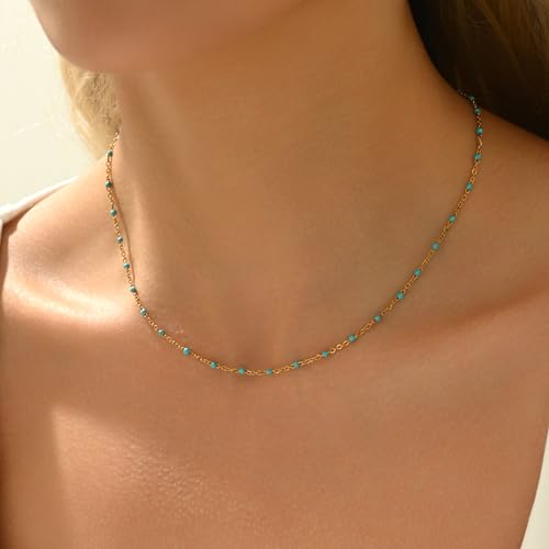 NONAMOIS Gold Chain Necklace for Women Dainty 18K Gold Plated Thin Satellite Beaded Turquoise Necklace Simple Layered Boho Jewelry Christmas Gifts - color: Green Beads-Gold