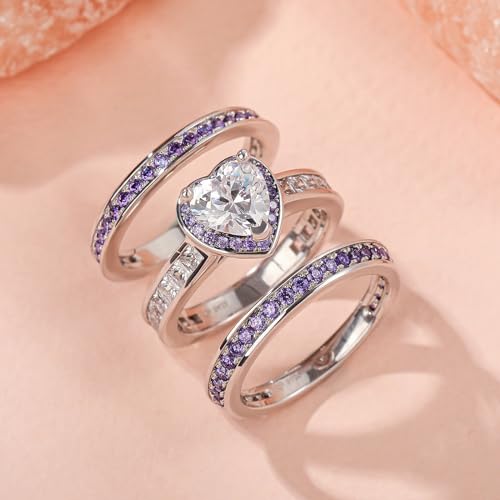 Jeulia Engagement Interchangeable Ring Set for Women Heart Cut Sterling Silver Wedding Promise Brilliant Classic Band Fashion Anniversary Rose Gold Halo Diamond Bridal with Jewelry Box - color: Purple