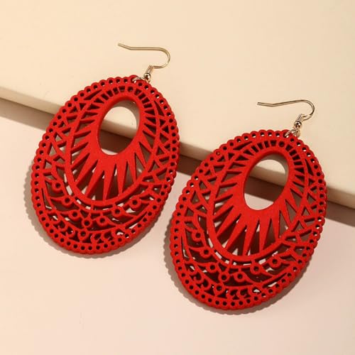 Boho Wooden Cutout Dangle Earrings for Women Bohemian Teardrop Oval Hollow Floral Pattern Drop Earrings Colorful Lightweight Statement Party Jewelry - color: Red