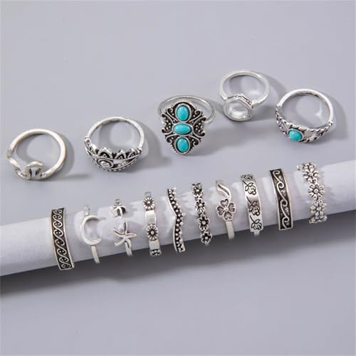 Bohemian Joint Knuckle Rings Set for Women,Vintage Boho Turquoise Stackable Rings Chunky Retro Turquoise Midi Finger Ring Statement Western Jewelry - style: Style D