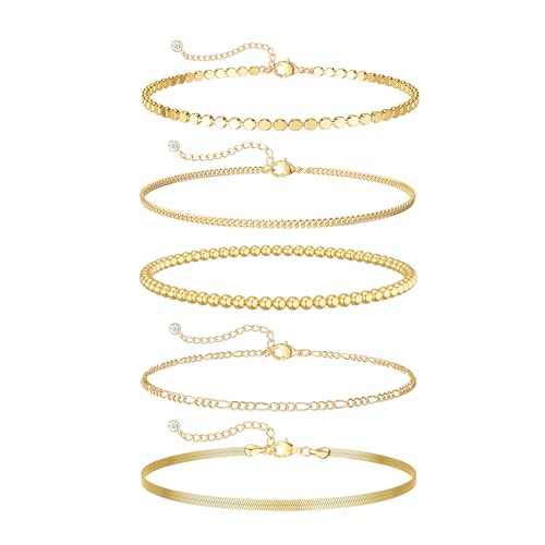 Dearmay Gold Bracelets for Women Waterproof, 14K Gold Plated Minimalist Bracelets Stack Non Tarnish Trendy Dainty Herringbone Vintage Cuban Paperclip Rope Thin Box Link Chain Stackable Jewelry Sets Modern Fashion Accessories Gifts for Womens - style: 5Pcs