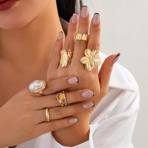 Chunky Rings for Women Adjustable Thick Rings Set Trendy Statement Stackable Ring for Women Chunky Jewlery Irregular Dome Flower Finger Knkuckle Thumb Ring - style: Style 1