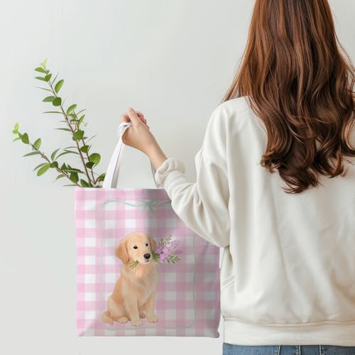 Preppy Animal Tote Bag, Pet Canvas Tote Bag, Reusable Grocery Shopping Shoulder Bags - color: Golden Retriever Stripes