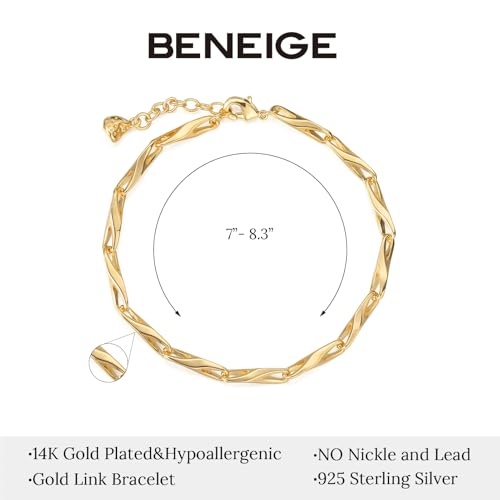 BENEIGE Women Bracelet 14K Gold Plated Paperclip Satellite Bead Ball Oval Cuba Cable Box Chain Daily Charm Layered Link Silver Bracelets Adjustable Jewelry - style: Link YB