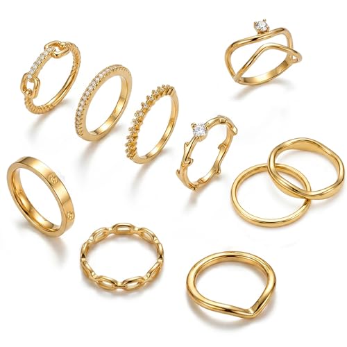 14K Gold Plated Stackable Rings for Women, Non Tarnish Cubic Zirconia Dainty Band Set, Wedding Engagement & Promise Rings, Sizes 5-10