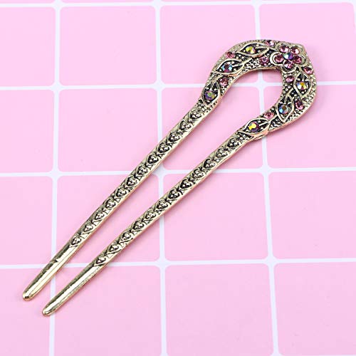 Lurrose Vintage Mental Hair Forks U-Shaped Crystal Chignon HairPin Hair Stick Hairstyle Accessory for Girls (Purple) - color: Purple