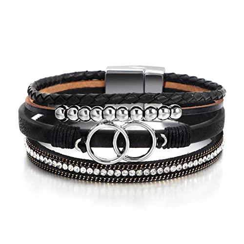 Fesciory Leopard Bracelet for Women, Boho Leather Wrap Multi-Layer Pearl Crystal Bracelet Bangle Jewelry - style: Double Circle(Black)