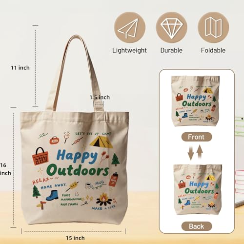 Canvas Tote Bag with Zipper for Women, Aesthetic Tote Bag with Pocket for Vacation, Shopping, Travel, Beach - style: Happy Outdoors