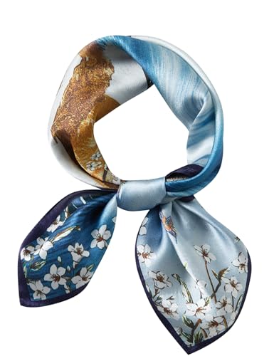 100% Mulberry Silk Neck Scarf 21''x21'' Small Square Hair Scarf for Women Men Lightweight Bandana Envelope Package - color: Oil Painting- Blue