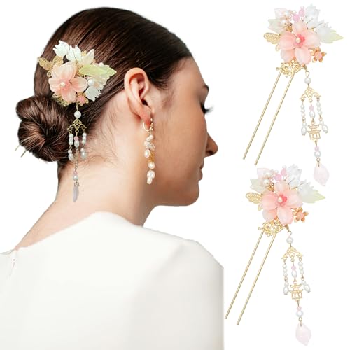 2PCS Chinese Hair Sticks Pink Flower Hair Pins Hanfu Tassel Hair Chopsticks Floarl Dangling Hair Fork Vintage Hair Accessories for Buns Long Hair Women