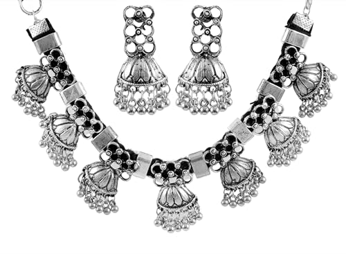 Indian Designer Statement Afghani Silver Oxidised Dual Tone Ethnic Traditional Tassel Choker Necklace Jewelry Women - color: Silver 1