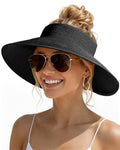 Womens Sun Visor Hats Wide Brim Straw Beach Hat UV Protection Ponytail Packable Beach Vacation Essentials - color: Black