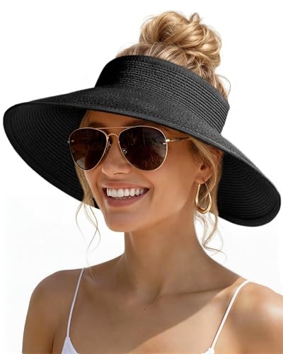 Womens Sun Visor Hats Wide Brim Straw Beach Hat UV Protection Ponytail Packable Beach Vacation Essentials - color: Black