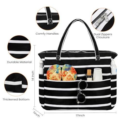 Trifabricy Beach Bags for Women Waterproof Sandproof Women Tote Bag, Large Beach Bag with Zipper for Gym Travel Vocation - color: Black