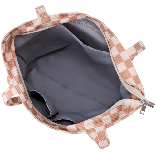 KALIDI Women Corduroy Tote Bag Zipper Casual Tote's Handbag Big Capacity Shoulder Bag with Pockets - color: Checkerboard Khaki
