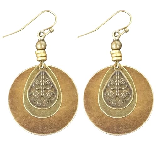 Boho Teardrop Earrings, Handmade Copper Bohemian Earrings, Dangle Antique Ethnic Jewelry for Women - color: Brass Disc