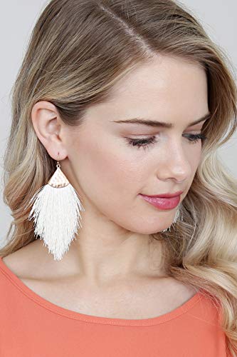 Bohemian Silky Thread Fan Fringe Tassel Statement Earrings - Lightweight Strand Feather Shape Dangles - color: Feather Fringe - White