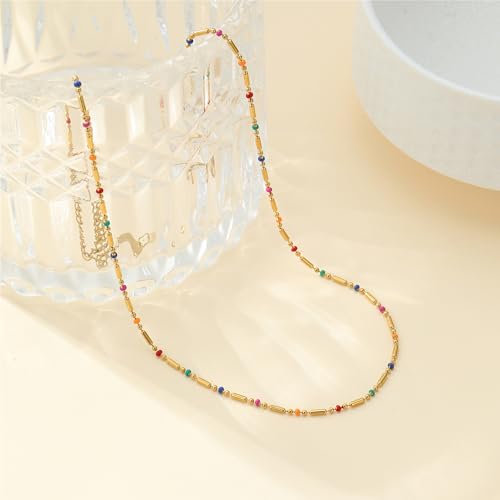 NONAMOIS Gold Chain Necklace for Women Dainty 18K Gold Plated Thin Satellite Beaded Turquoise Necklace Simple Layered Boho Jewelry Christmas Gifts - color: Colorful Chain-Gold