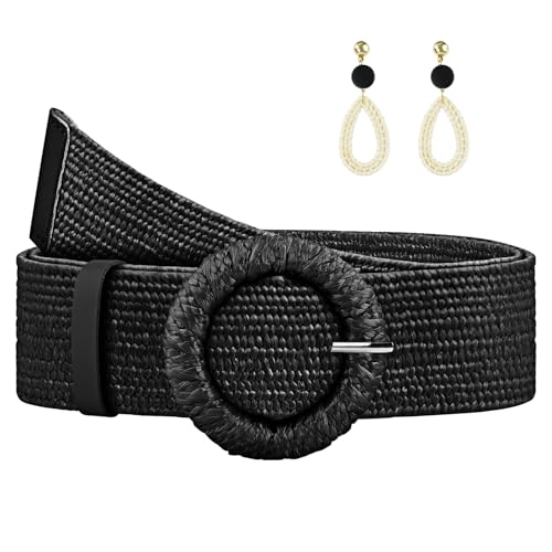 Straw Woven Elastic Belt for Women, Boho Braided Raffia Waist Belt, Stretch Rattan Belt for Summer Dresses - color: Round Buckle-black-with Earrings, size: L: Fit waist size up to 40"
