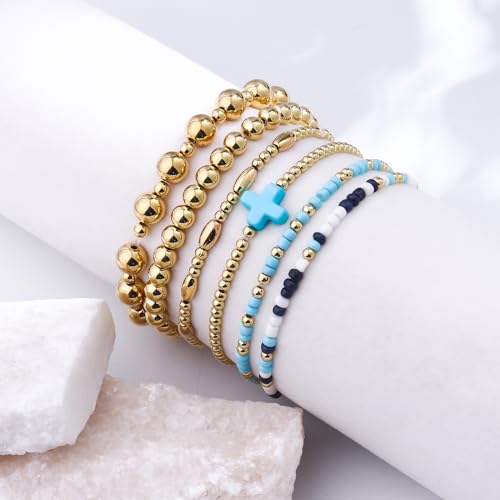 Gold Beaded Bracelets for Women: 14K Gold Bracelets for Women Trendy Dainty Gold Ball Bracelet Stack for Womens - Boho Stretch Bracelets Jewelry Sets with Cross Fashion Accessories Gifts for Women - style: Blue Cross