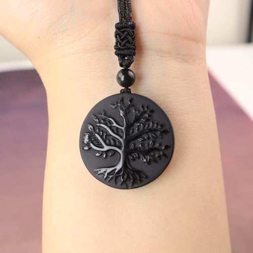 Obsidian Tree of Life Necklaces Orgonite Healing Crystal Stone Pendant Necklace for Spiritual Healing and Meditation Energy Talisman Sacred for Men Women - color: Black obsidian 1