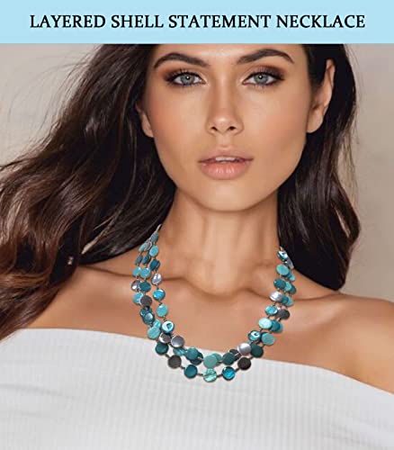 Noessla Layered Beaded Chunky Necklace for Women Boho Two-color Shell Statement Necklace Fashion Collar Costume Jewelry Gifts for Mum - color: Sea green