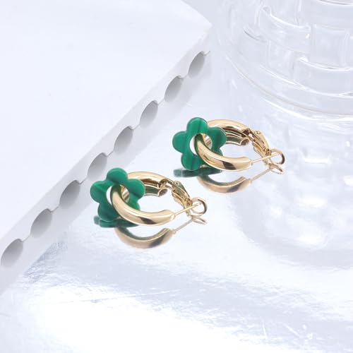 Chunky Acrylic Gold Small Flower Hoop Huggie Earrings, Colorful Boho Ear Piercing Dangle Drop Earrings, Dainty Chic Charm Jewelry Gift - color: Green