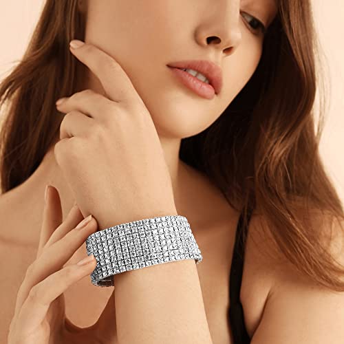 Zealmer Sparkle Multicolor Rhinestone Stackable Stretch Bracelets for Women - color: 8 Row Silver Medium Size