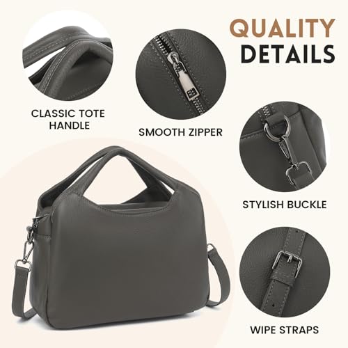 KOGTLA Medium Genuine Leather Purses for Women with Detachable Satchel Strap, Ladies Soft Handbags, Tote Hobo Bags - color: Grey