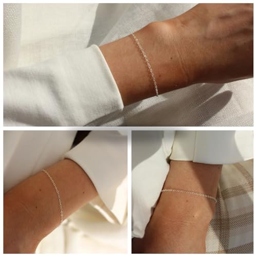 NOKMIT Solid 925 Sterling Silver Bracelets for Women, Dainty Interlocking Circles Cubic Zirconia Adjustable Chain Bracelet, Trendy Stackable Link Bracelets, Simple Cute Jewelry Gifts - color: Silver Cable Chain