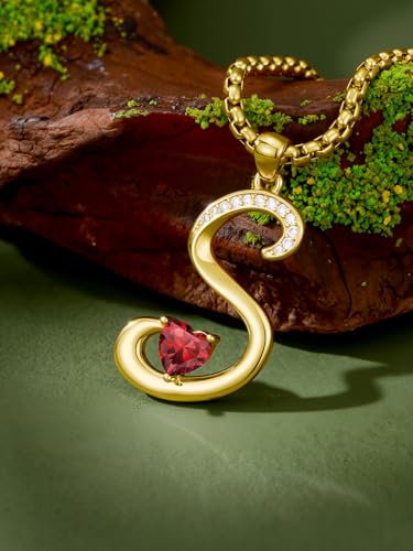 Birthday Gifts for Women 18k Gold Initial Necklaces for Women Simple Alphabets Letters with Birthstone Pendants Name Jewelry Anniversary Wedding Gifts for Sister Daughter Her (with Gift Box) - color: 01-Jan-Garnet, style: Letter S