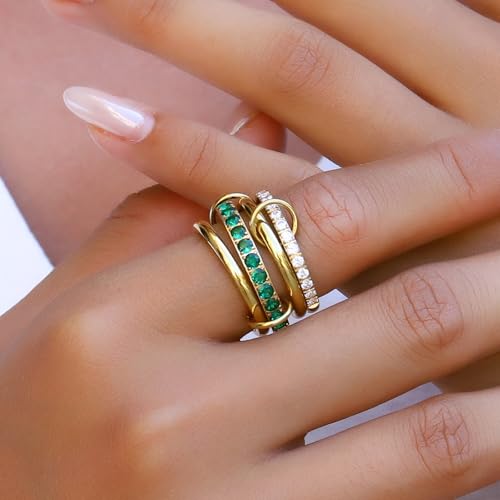 Gold Stackable Rings for Women,18K Gold Plated with Green Cubic Zirconia,Vintage Gold Stacked Multi Ring Interlocking Mixed Stacked Rings for Women Non Tarnish - color: Gold Green 4 Set