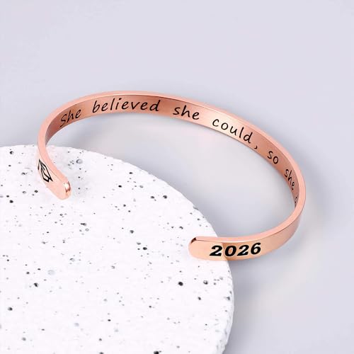 M MOOHAM Graduation Gift for Her Him 2026, Inspirational Graduation Bracelets Class of 2026 High School College Graduation Gift for Her with Graduation Box - style: " With Box -She Believed She Could So She Did(Rose Gold)