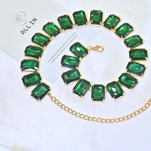 Fashionable Chunky Plated Tennis Rhinestone Statement Necklace Jewelry Set for Women Multicolor gem necklace with Great Sparkle and Shine Design for Women to Easy Match - color: emerald square rhinestone