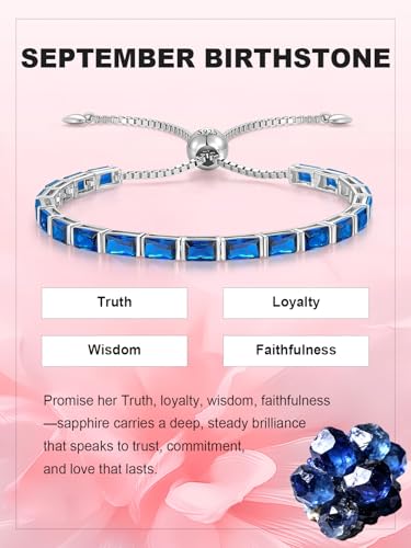 Radiant Cut Birthstone Tennis Bracelets for Women, Adjustable 6–9 Inches White Gold Plated Sterling Silver Bracelet, Hypoallergenic Anniversary Birthday Valentine’s Day Gift for Her - color: 09-Sapphire