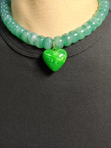 Chunky Colorful Beaded Statement Boho Summer Beach Chokers Necklace Heart Pendant Pink Green Yellow Brown Fashion Jewelry - color: Green
